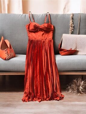 Satin Pleated Midi Dress with Ruched Bust in Burnt Orange